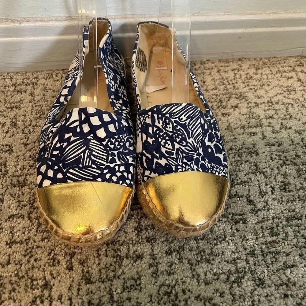 Lilly Pulitzer Blue & White Floral Gold Tip Espadrille Flats Size 9